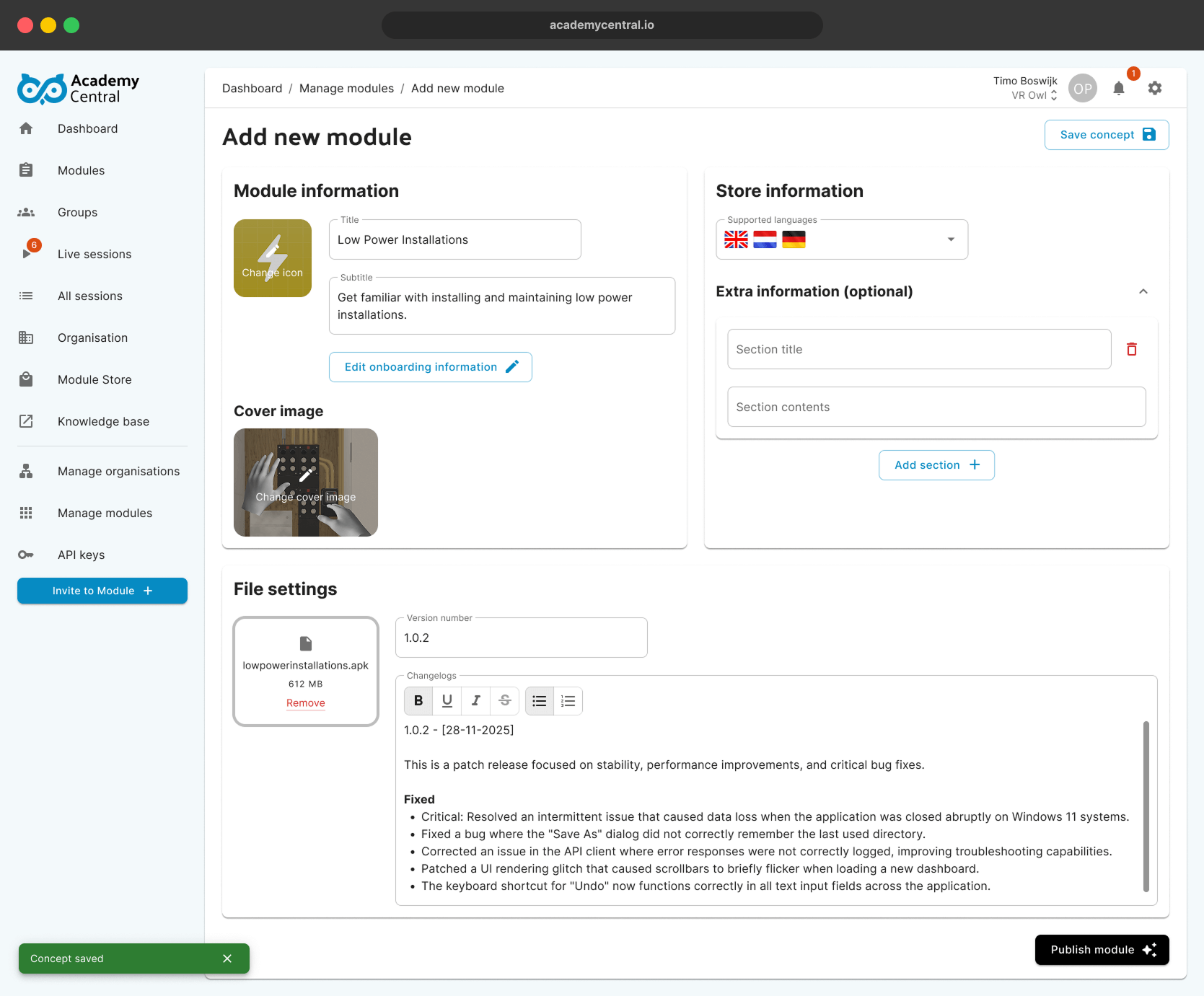 An administrative interface for creating a new training module titled 'Low Power Installations', showing file upload settings and version changelogs.