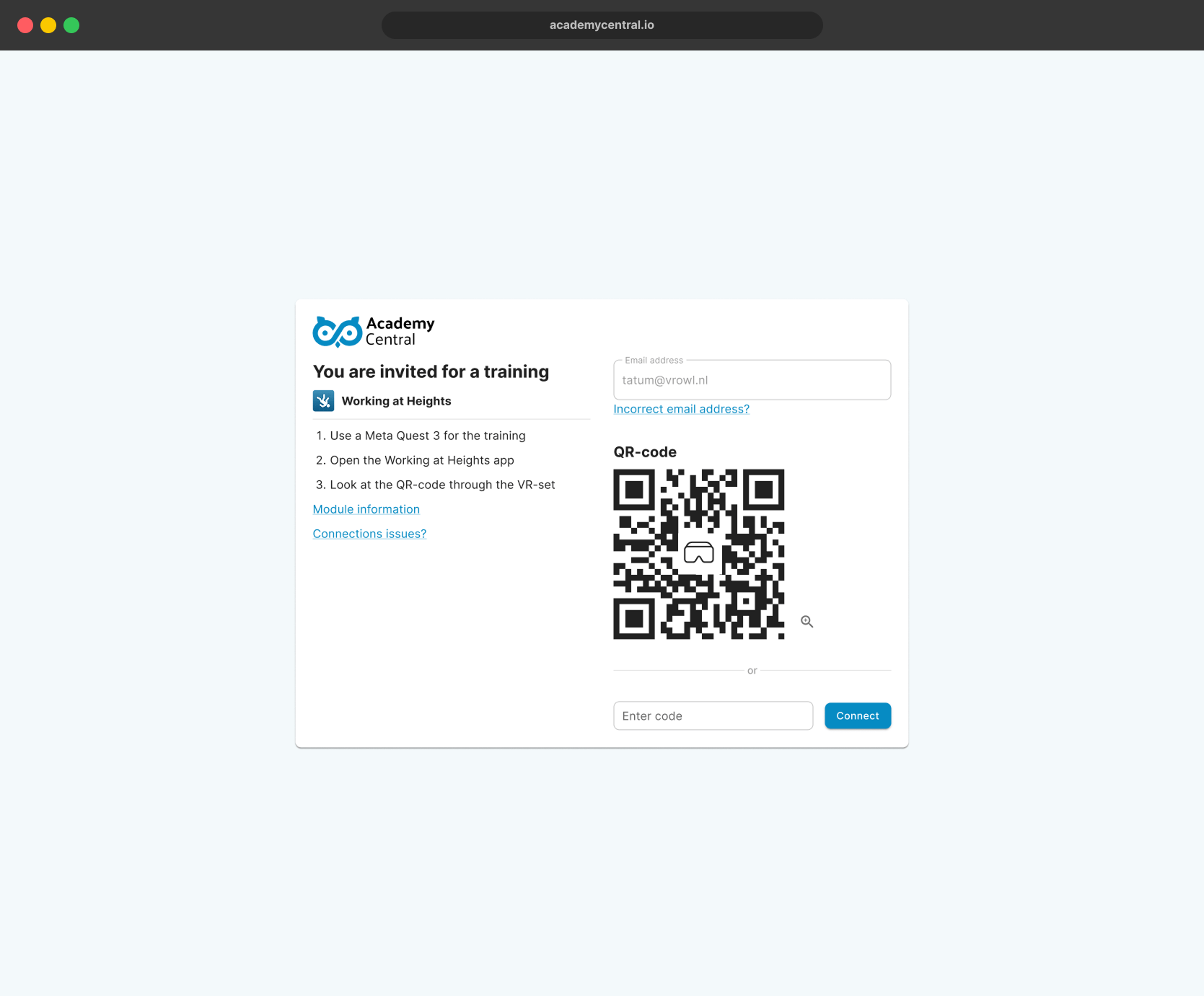 Training invitation screen for 'Working at Heights' featuring a QR code and login instructions for Meta Quest 3 VR headsets.