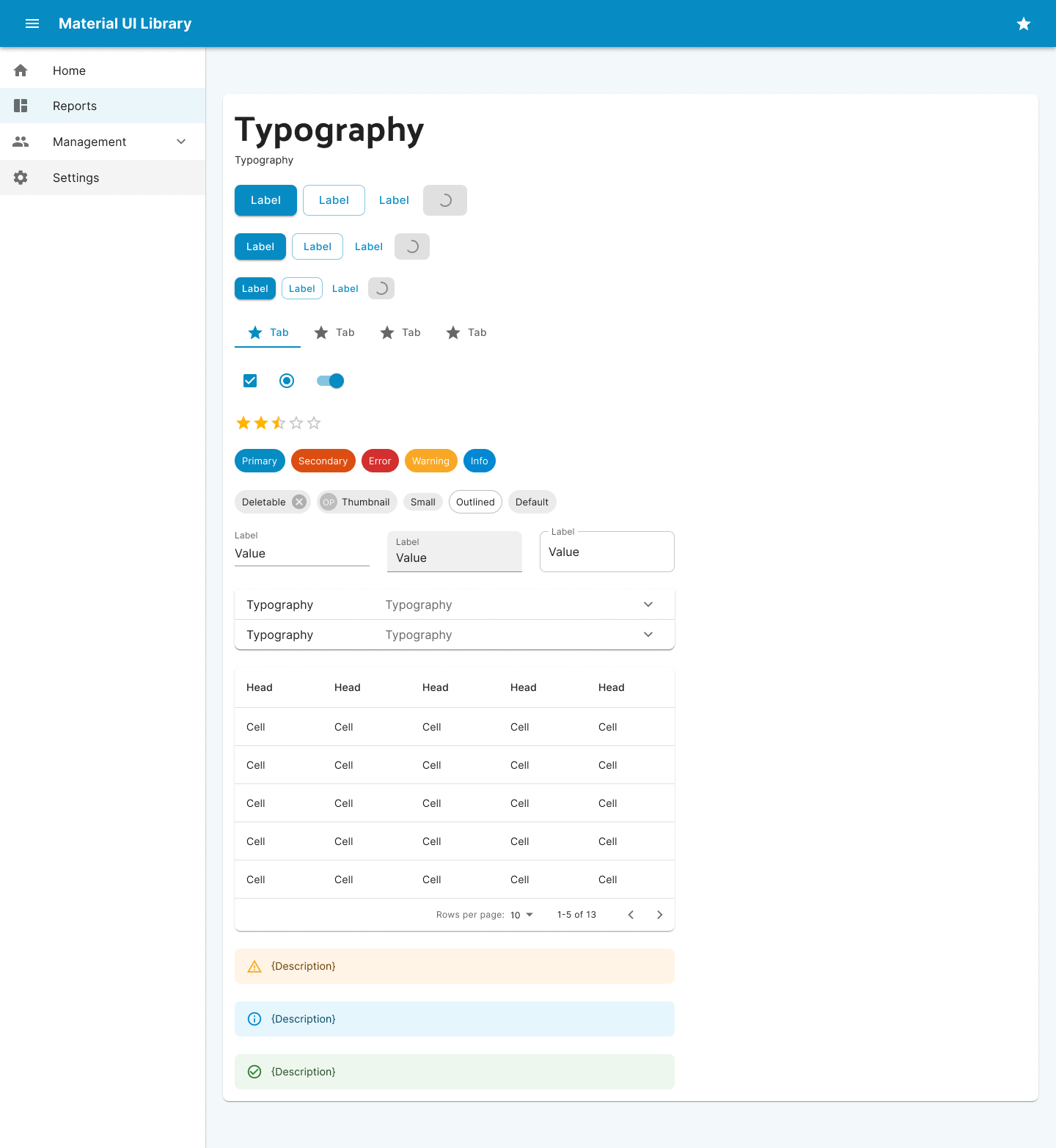 A design system showcase page displaying various UI components like buttons, tabs, input fields, and data tables.