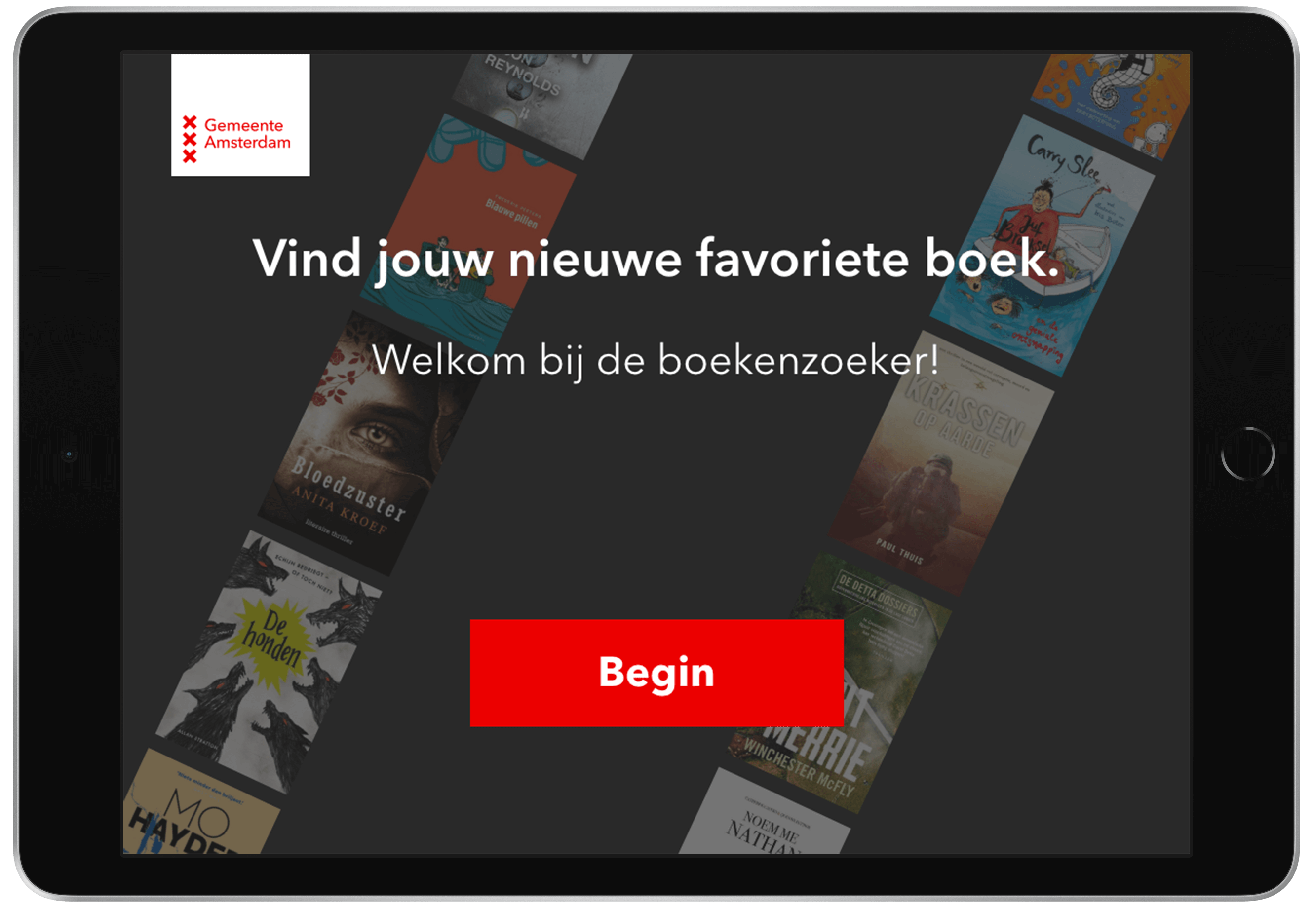 The welcome screen of the boekenzoeker app showing welcoming text with bookscovers the background.