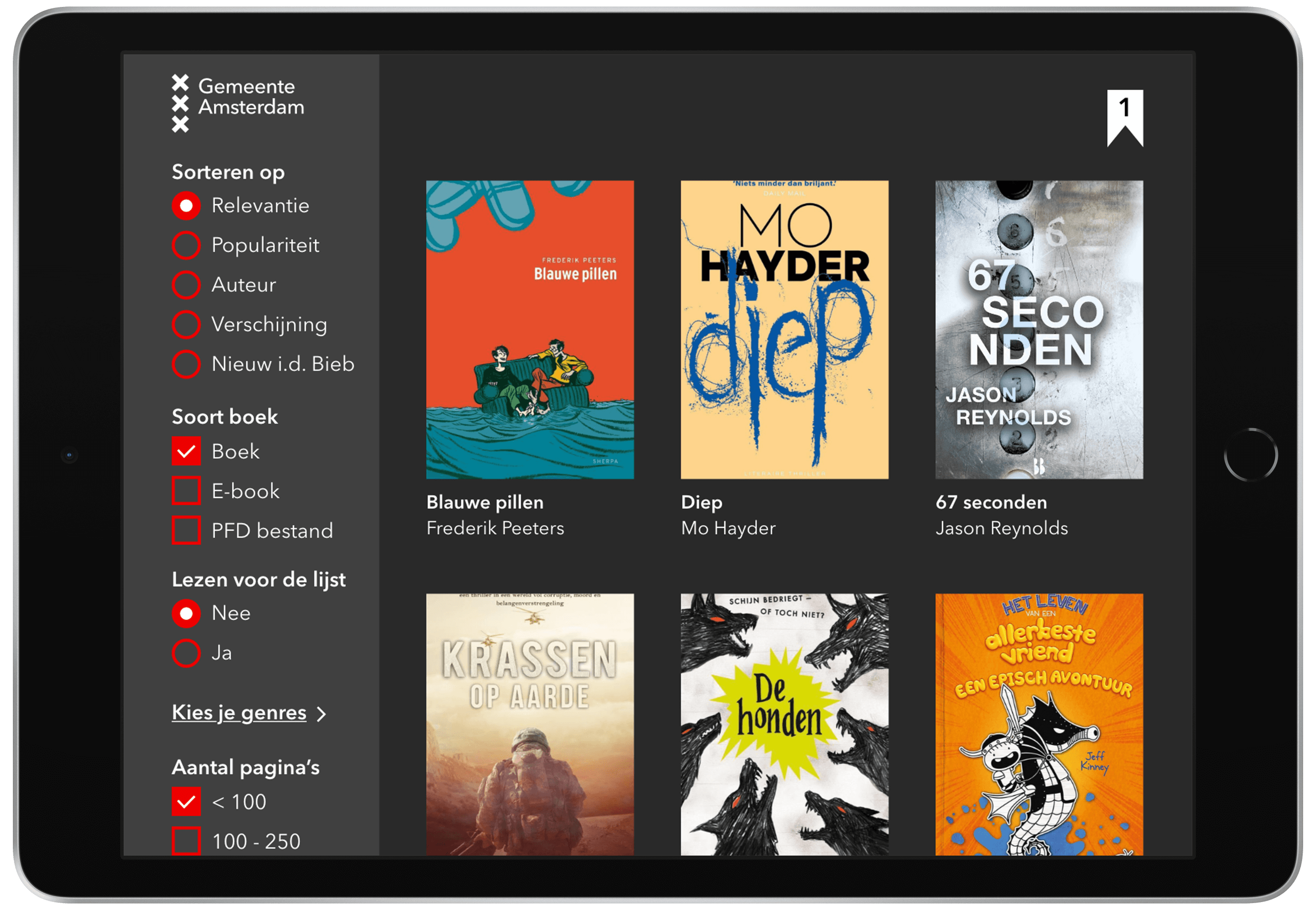 A screenshot of the Boekenzoeker app showing different books and filter options.
