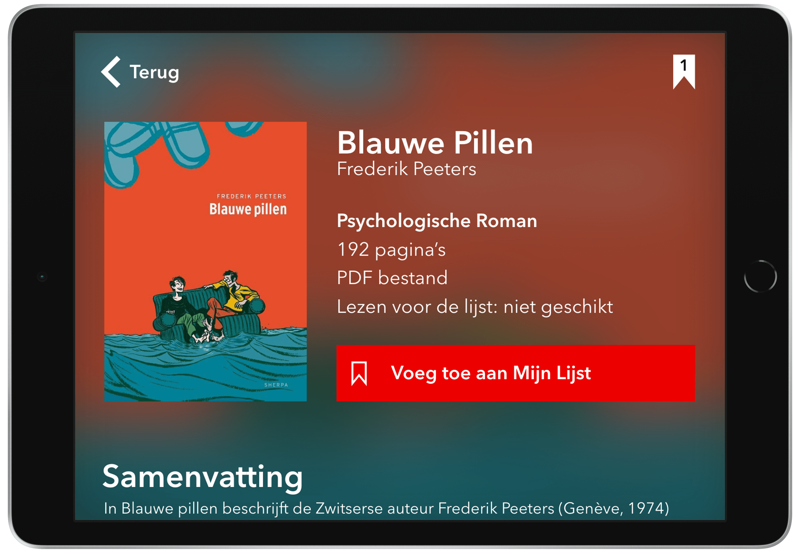 A screenshot of the Boekenzoeker app showing various details of a book titled Blauwe Pillen.