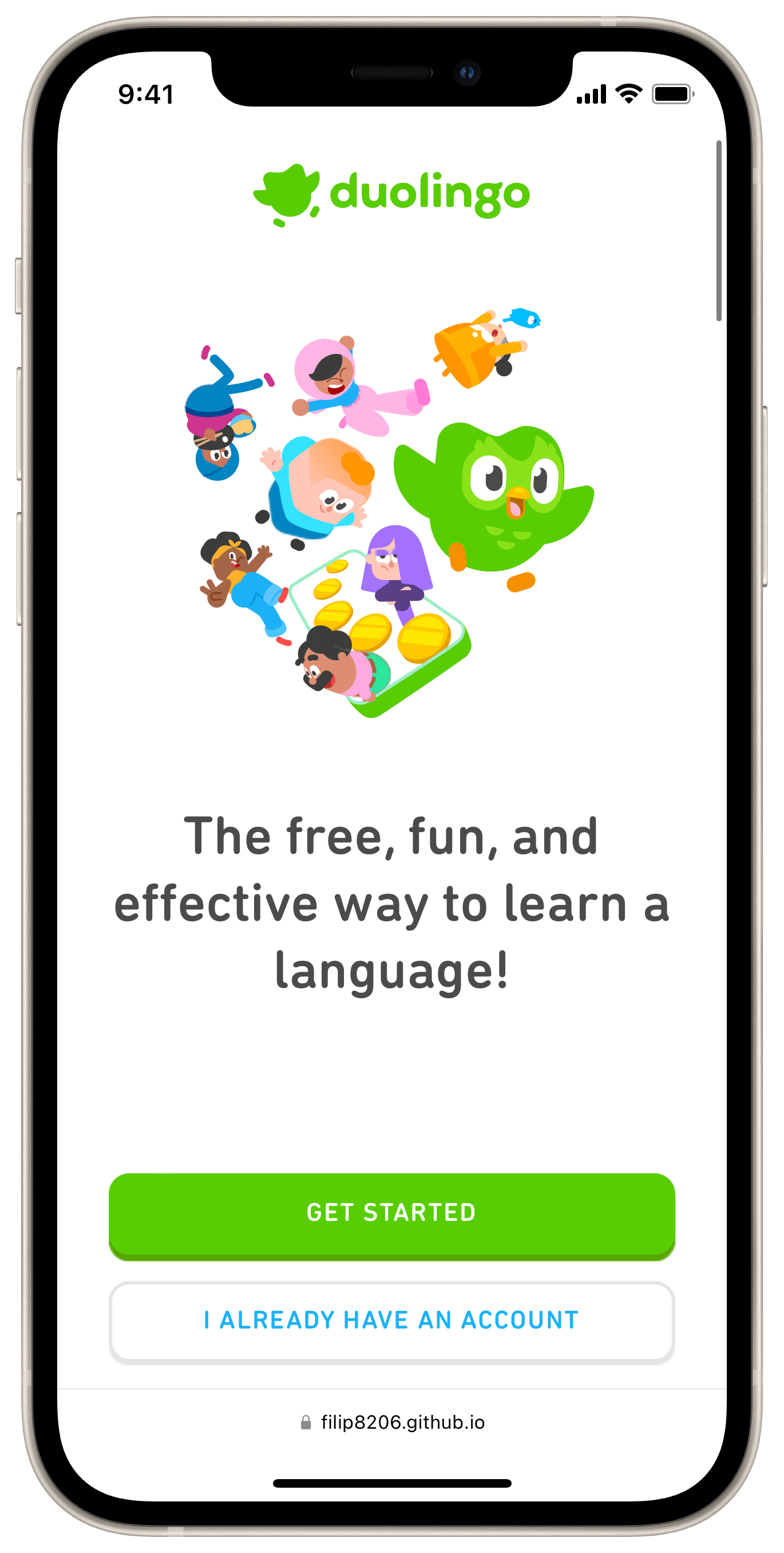 A screenshot of the home page of Duolingo.