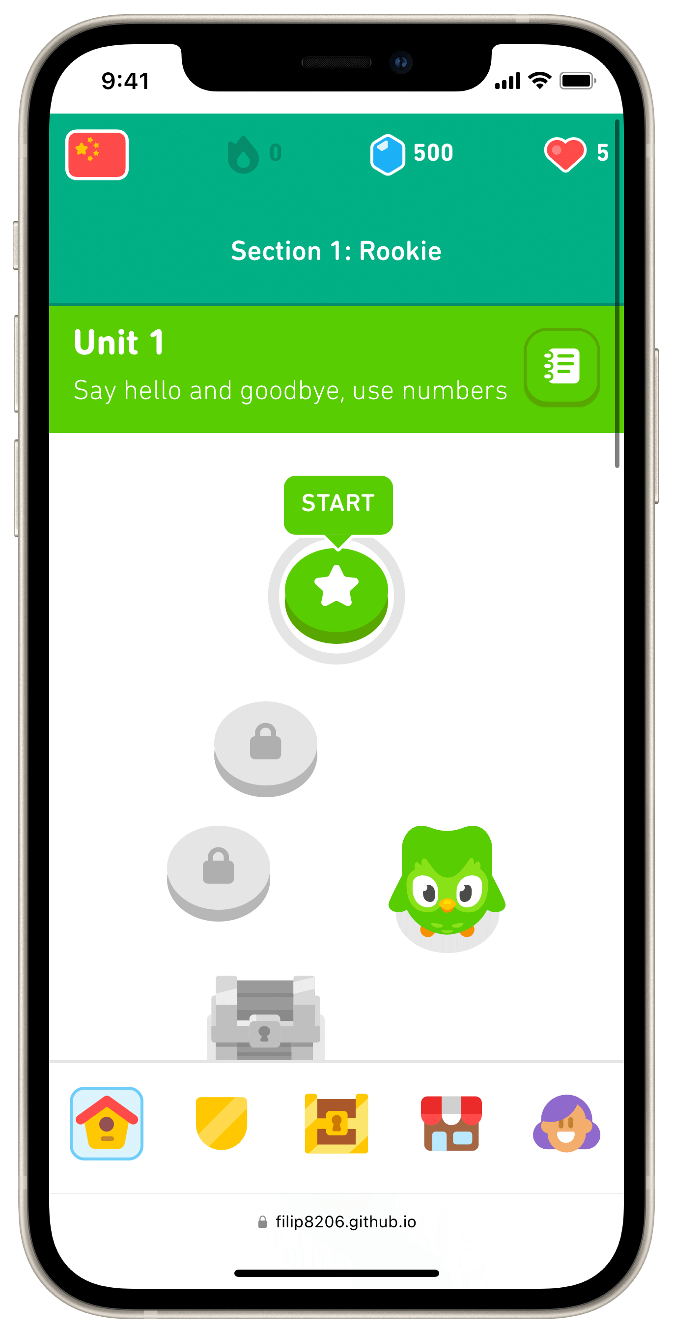 A screenshot of the levels screen of Duolingo.