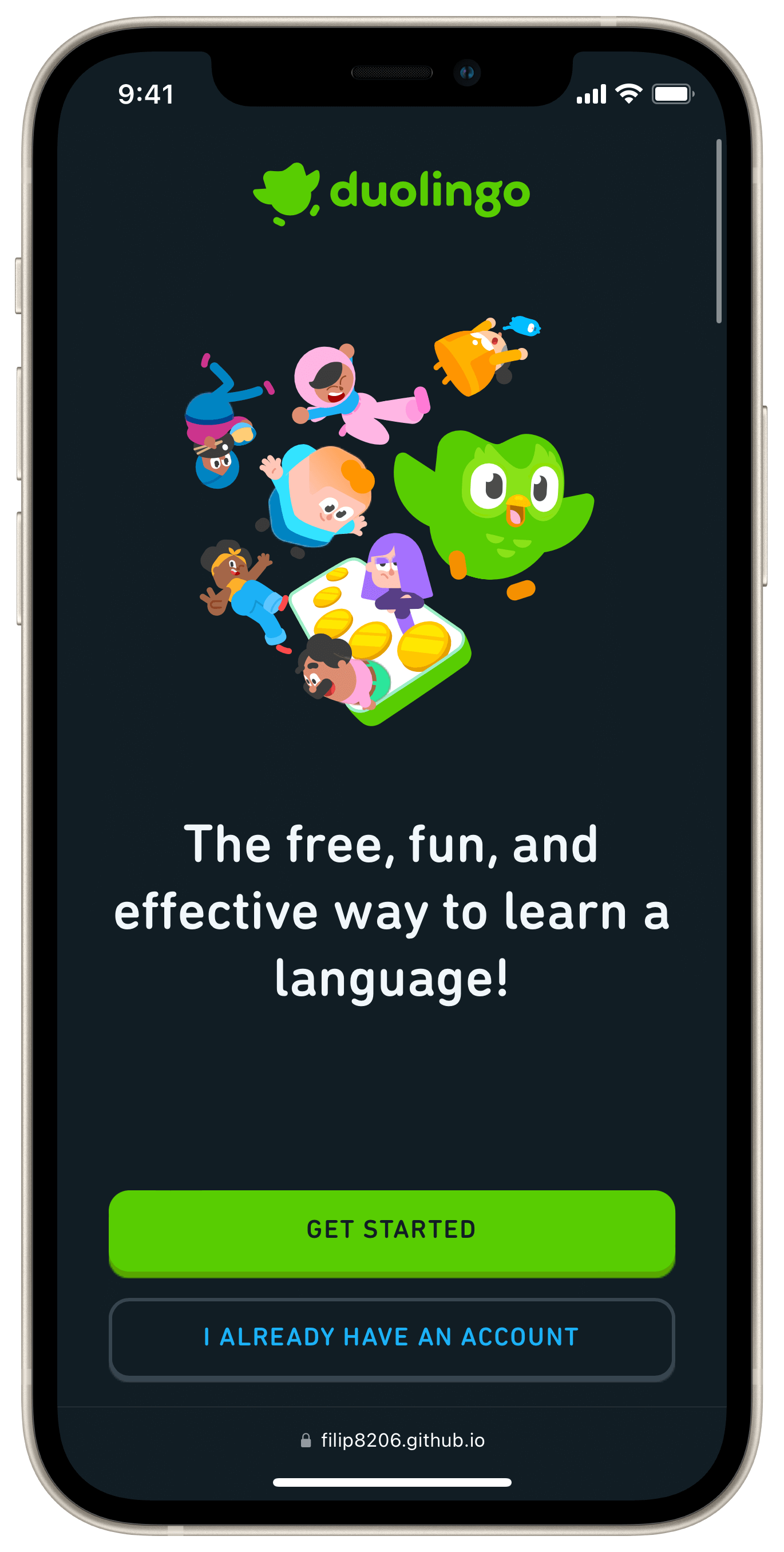A screenshot of the home page of Duolingo in dark mode.